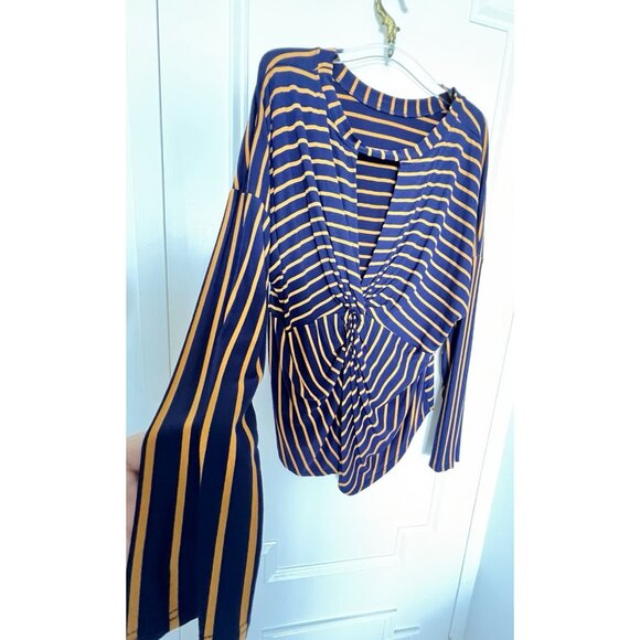 NWT Navy Mustard Top US Sz 14 Striped Rusched Blouse EU Sz 46 UK Sz 18 George - Picture 6 of 13